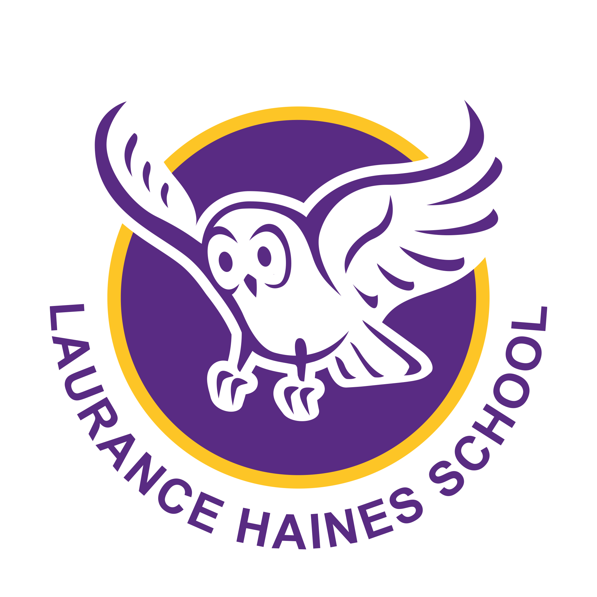 Laurance Haines School logo of purple and yellow stylized owl